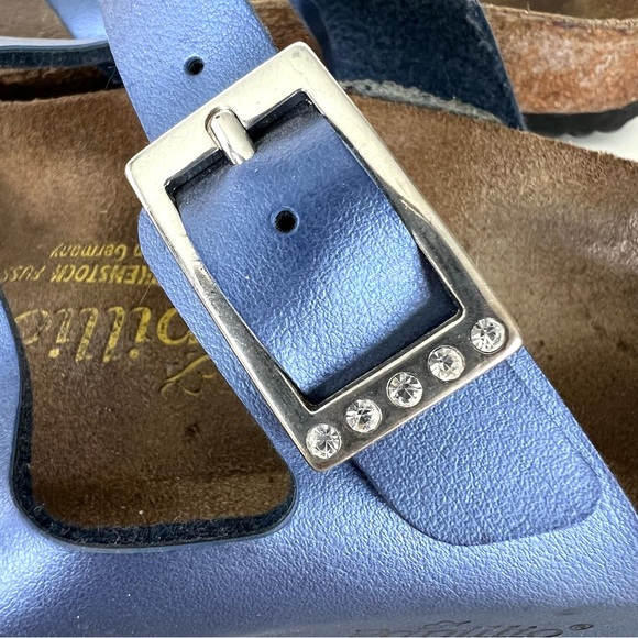 BIRKENSTOCK Papillion Metallic Blue Leather Buckle Flat Thong Sandals Sz 38 - Picture 5 of 14